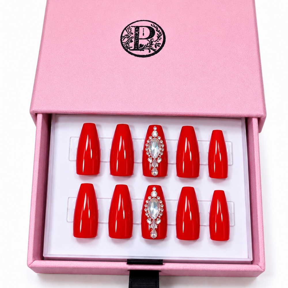 10PC premium luxury Press On Red medium Coffin Nails with Rhinestone
